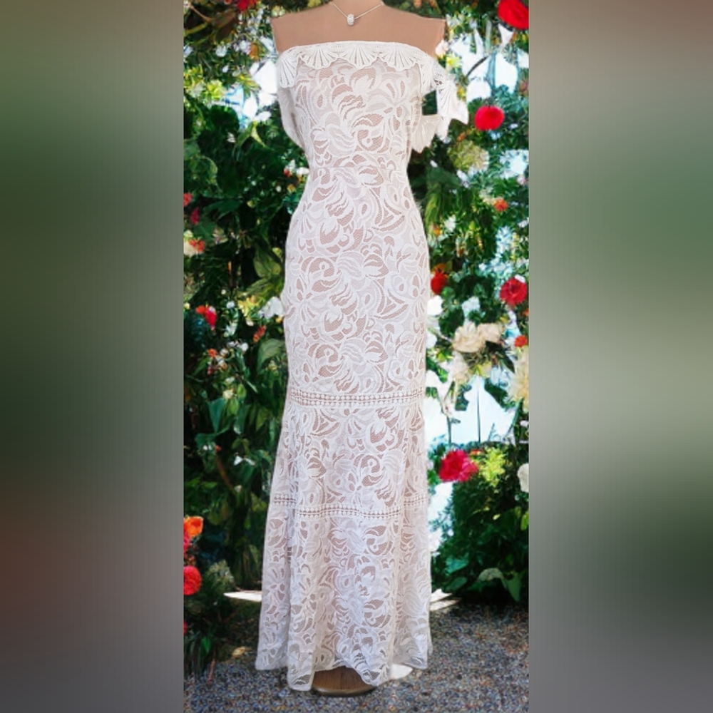 Sexy Lace Boat Neck Off Shoulder Boho Mermaid Wedding Dress size 14